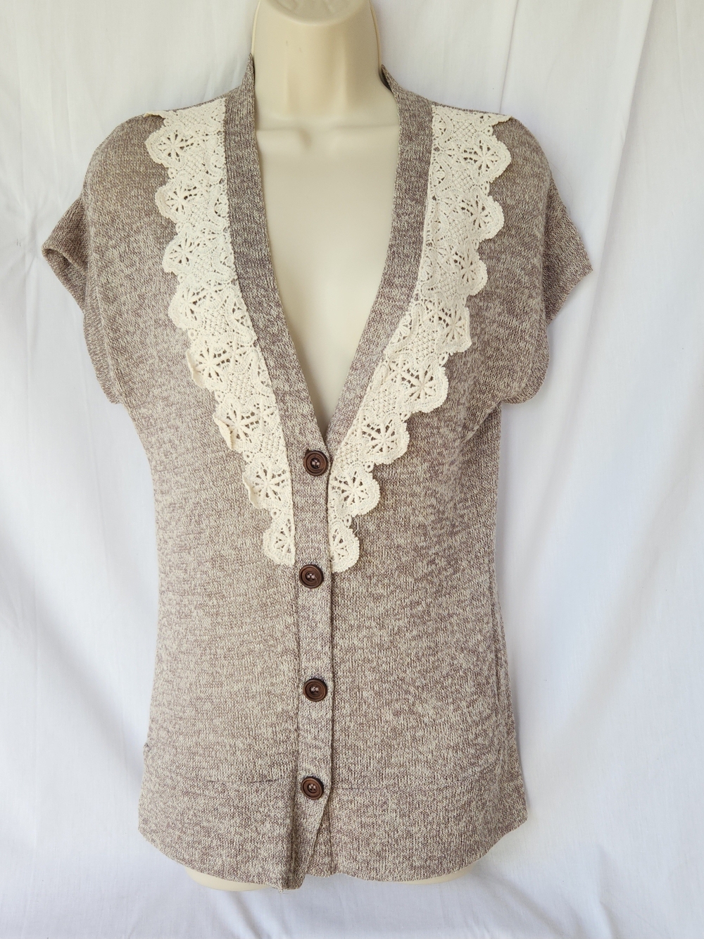 h.i.p. Cottagecore Light Brown Lace Trim Cartigan Knit Sweater Top M